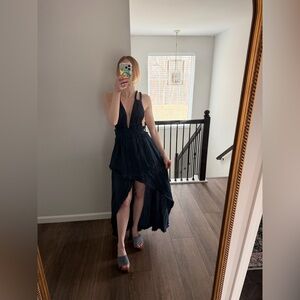 Navy Deep V High-Low Maxi Vacation Summer Dress 100% Cotton